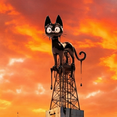 COIL cat standing on oil tower at sunset